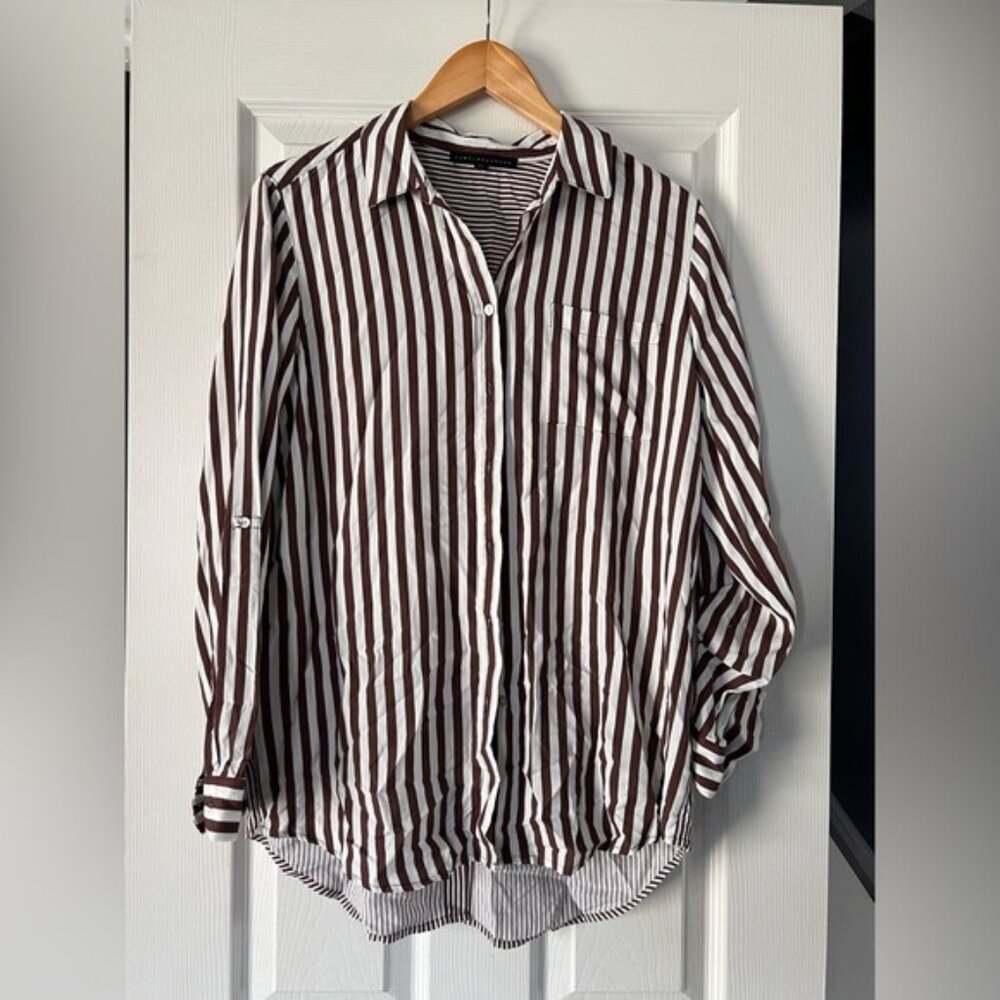 Jane + Delancey Brown White Stripe Button Down Shirt Women’s Size M